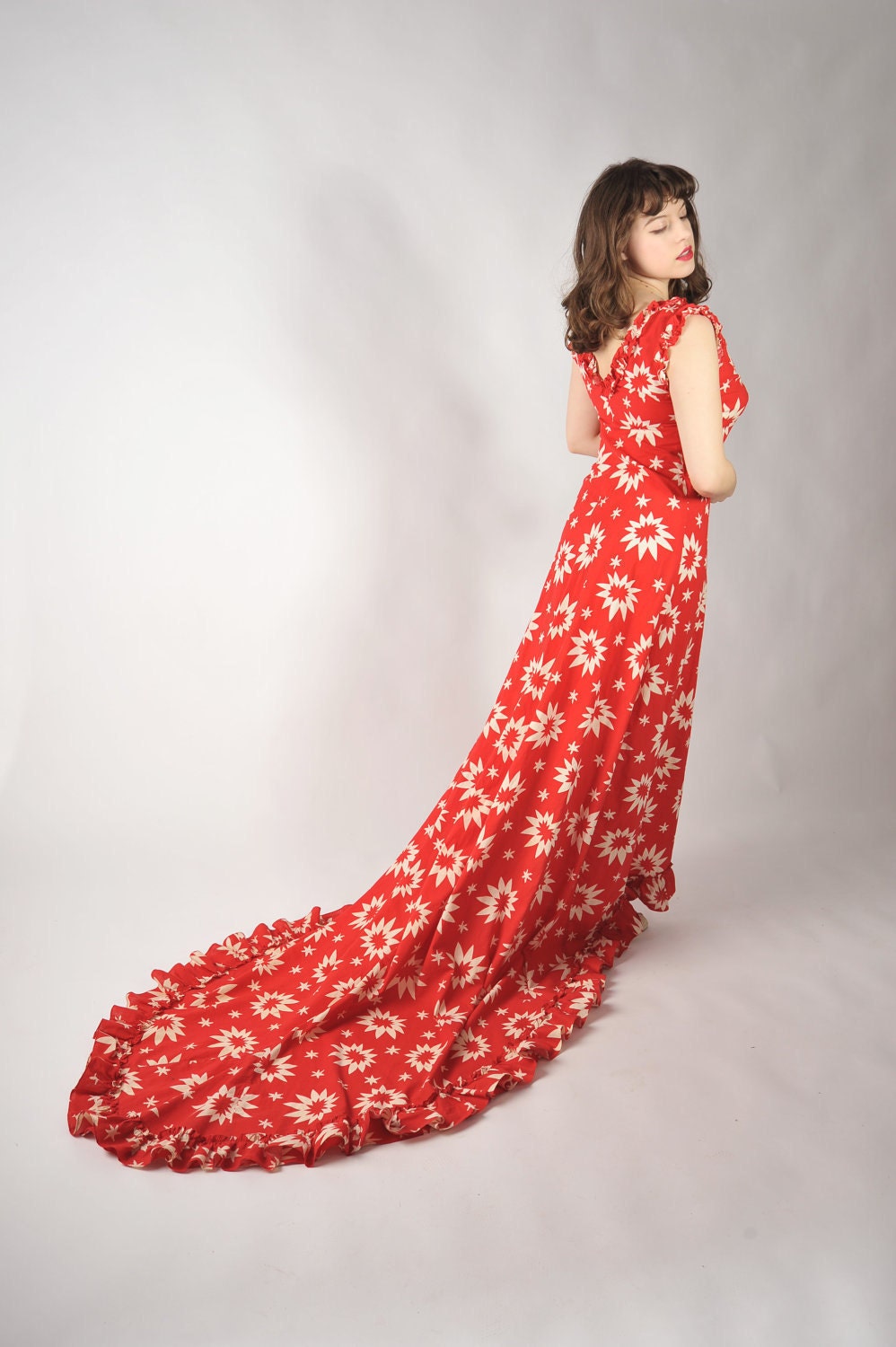 RESERVED Vintage 1940s Hawaiian Dress // Red and White Wedding Holoku with Train