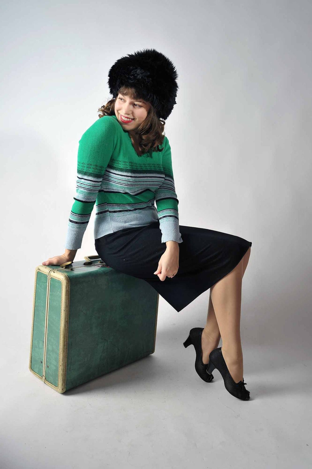 Vintage 1970s Knit Top // Green and Gray Striped Lightweight Swater
