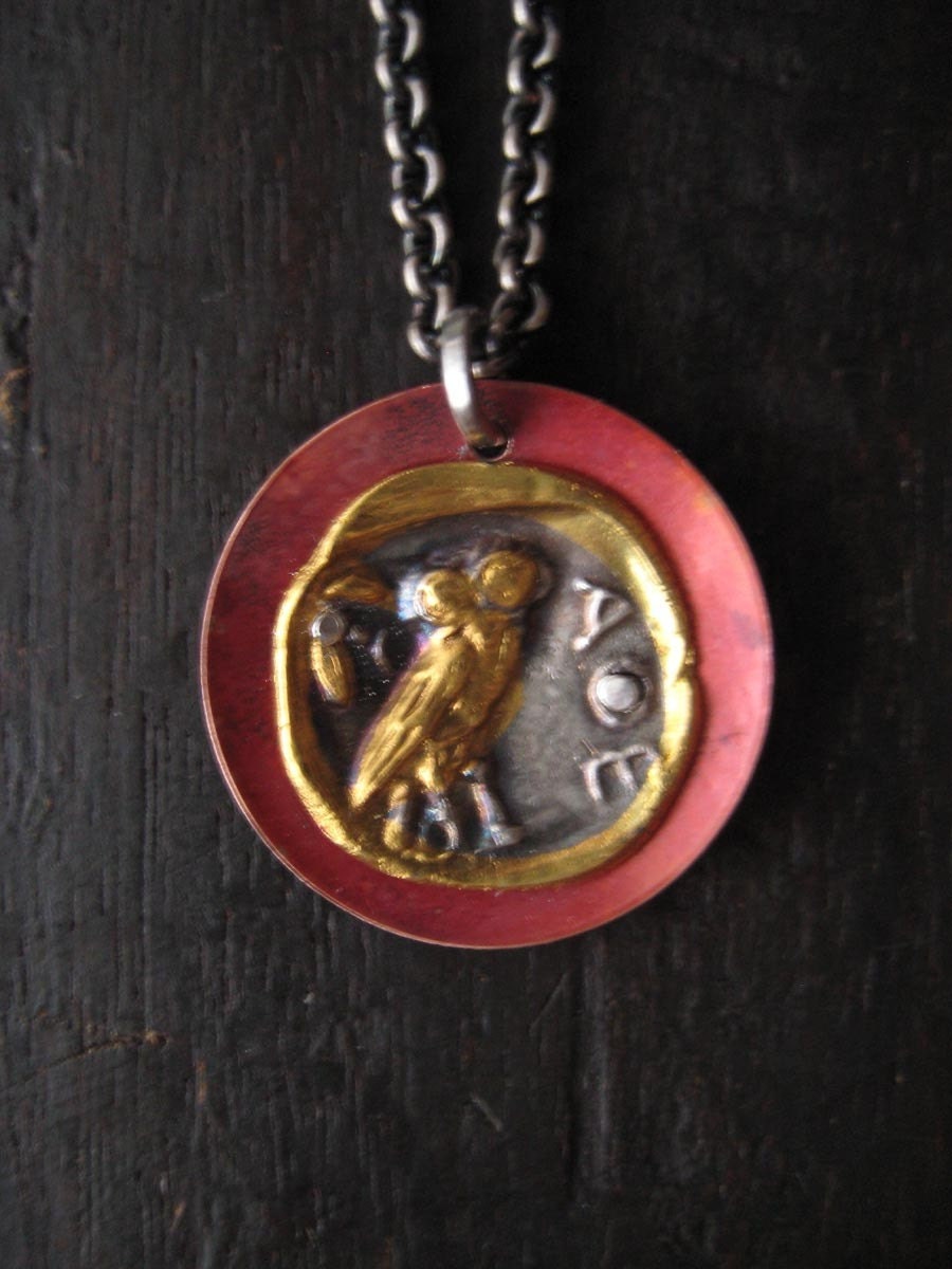 RESERVED FOR BARBARA Owl pendant in 24k gold, Silver and Copper