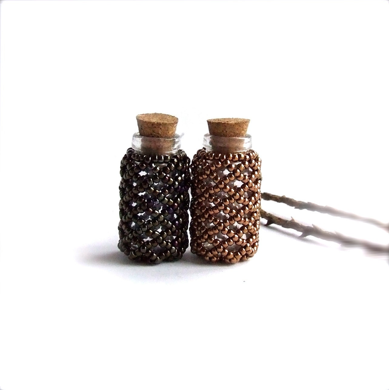 Mini Glass Seed Beaded Bottle Set - Bronze and Olive - Handmade Home Decor -Glass Vial with Cork - Bud Vase- - balanced
