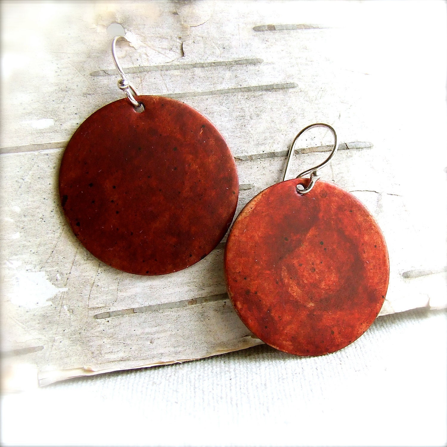 Brick Red Patinaed Copper Disks, Sterling Silver - Earrings -Lust - Fall Fashion - balanced