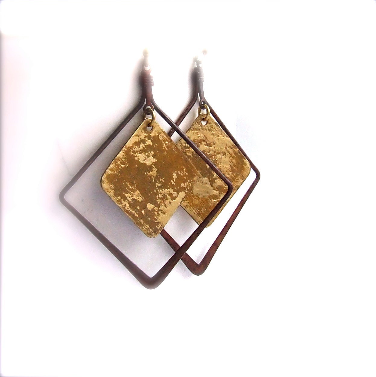 Rustic Brown Mustard Patinaed Brass - Patina Earrings - Framed - Handmade Fashion - Geometric - Summer Trends