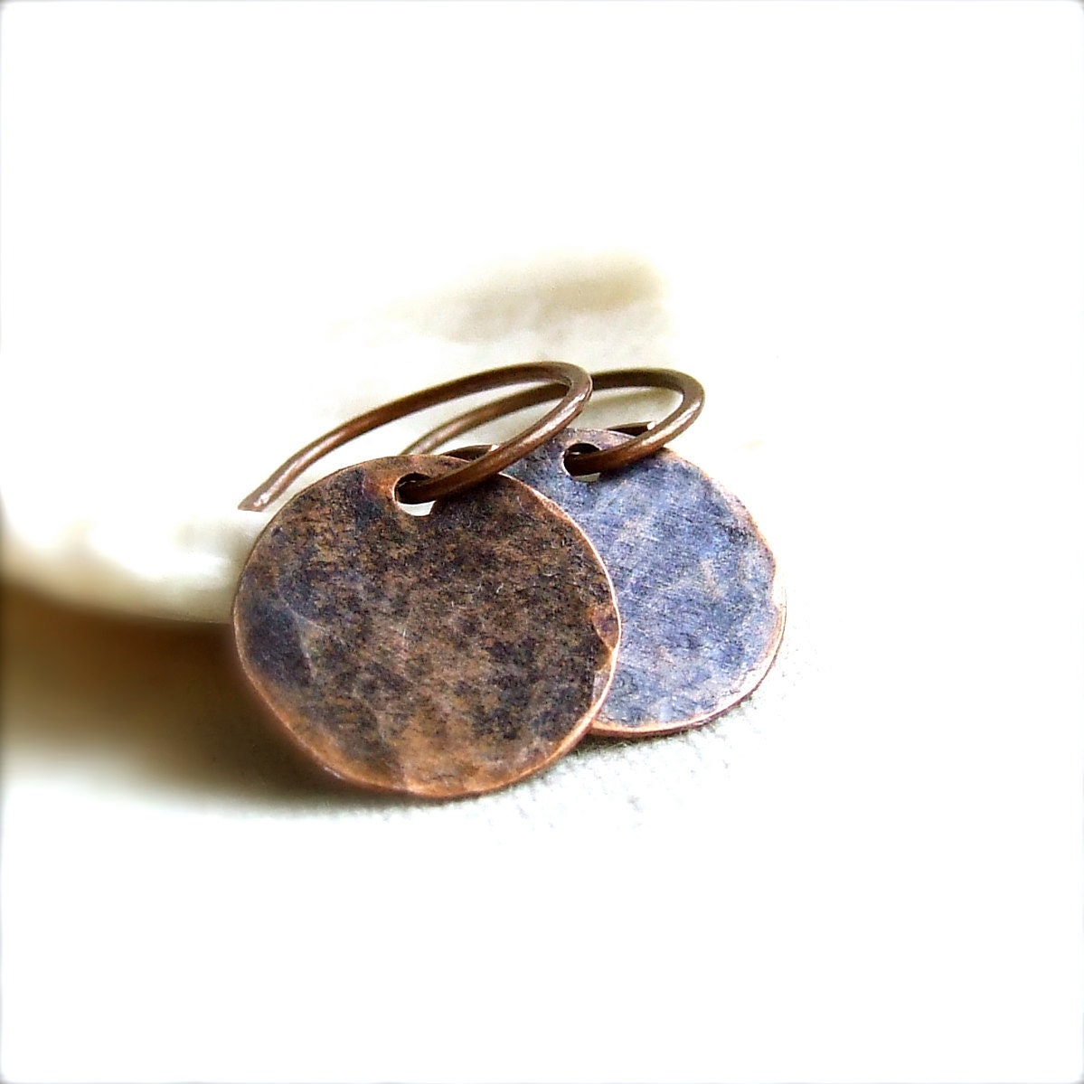 Blue Patinaed Textured Copper Round Disk - Patina Earrings -Craters in Blue - Organic Handmade Fashion - Summer Trends
