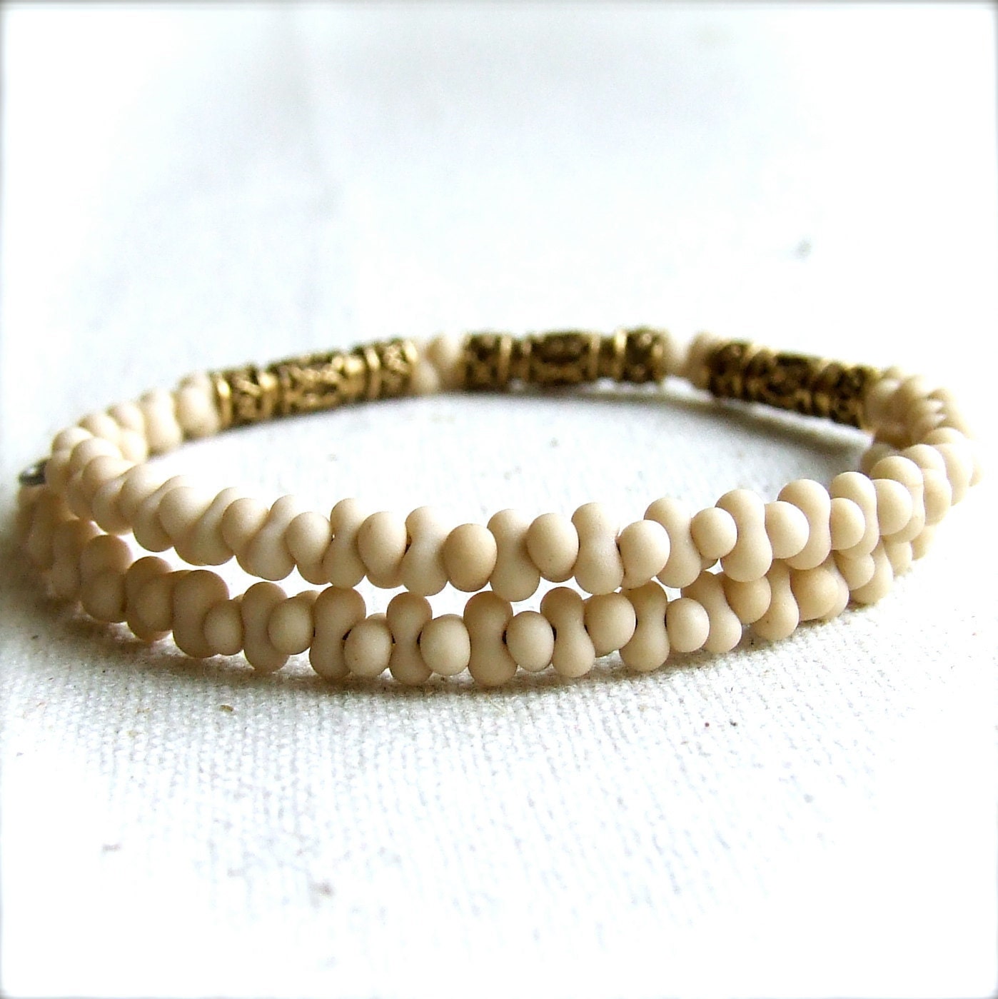 Cream Beaded Glass, Ornate Brass - Cuff Bracelet Bangle- Four Winds in Cream - Handmade Fashion