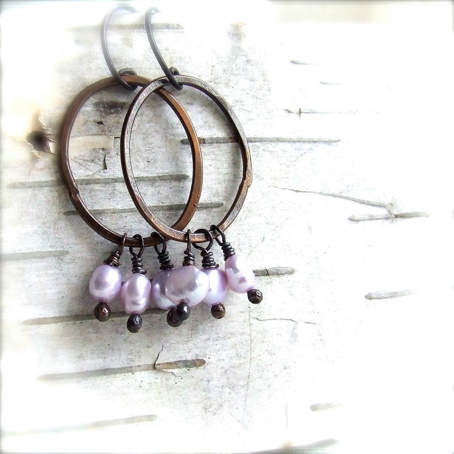 Rustic Lavender Pink Pearl, Copper Hoop -Pearl Earrings - Amanda - Handmade Fashion