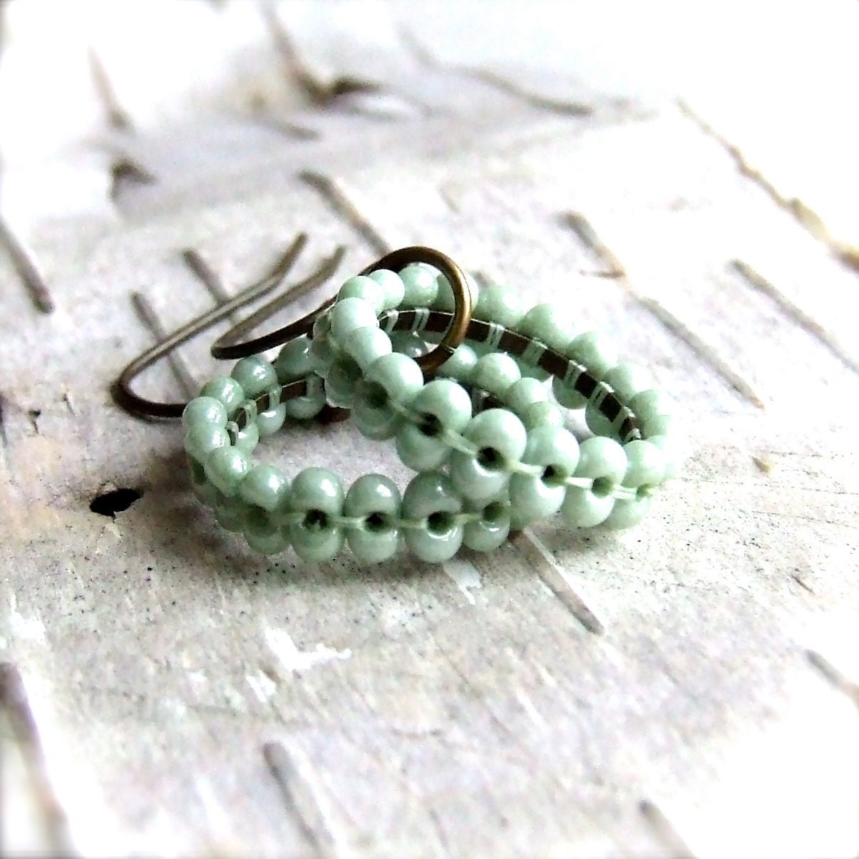 Glass Bead Woven Brass - Beadwoven Earrings - Little Hoops in Mint - Handmade Fashion