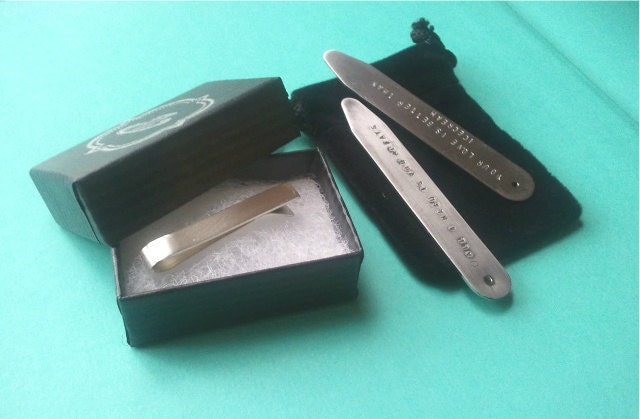 Sterling Silver Gift Set - Collar Stays and thicker 2 inch Tie Bar - Custom inscription