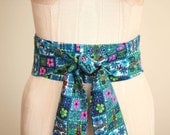 SALE Obi Belt in a Blue Turquoise Teal White Multi Colored Hawaiian Flower Print Vintage Cotton Fabric by ccdoodle on etsy - ready to ship