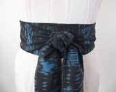 Ikat Obi Belt in Black and Sky Blue Cotton Fabric by ccdoodle on etsy - made to order