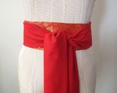 Brocade Raw Silk Wedding Obi Sash Formal Belt Reversible in Red and Gold Fabrics - ready to ship