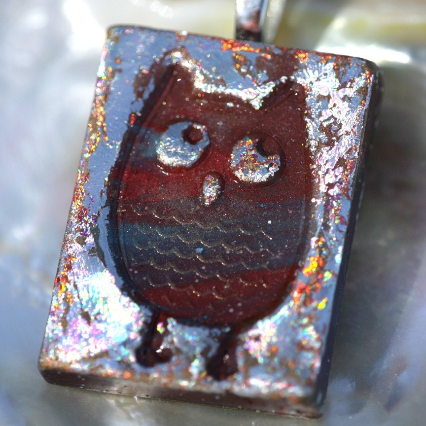 Owl Pendant in Iridescent Silver Leaf on Polymer Clay