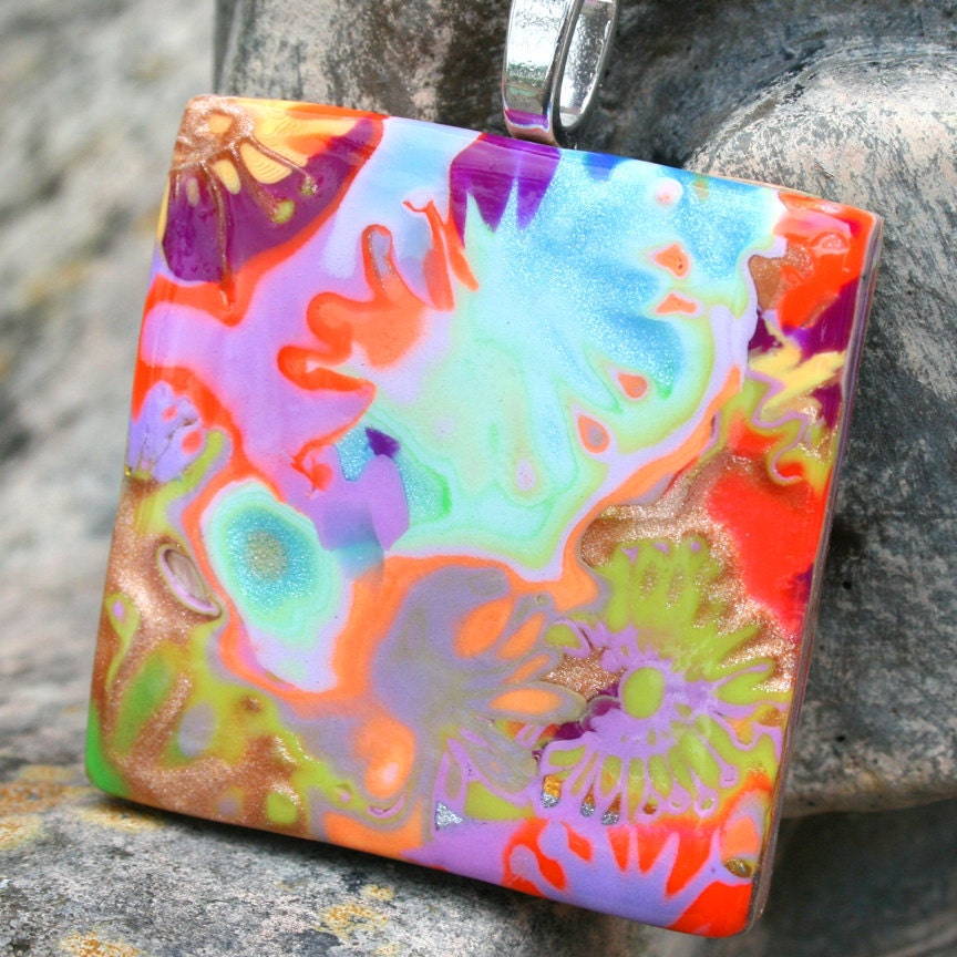 Abstract Flower Patterns in Polymer Clay, Polymer Clay Pendant, Mokume Gane, Metallic Clay, Contemporary