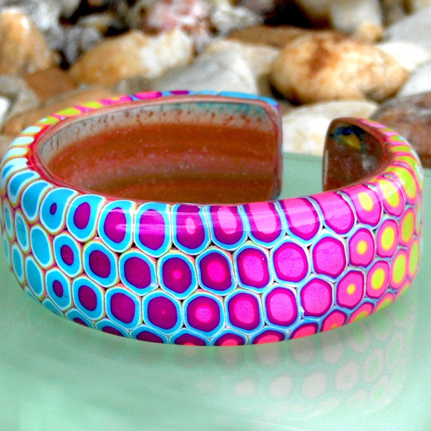 Cuff Bracelet in  Rainbow Retro Mod Polymer Clay Jewelry