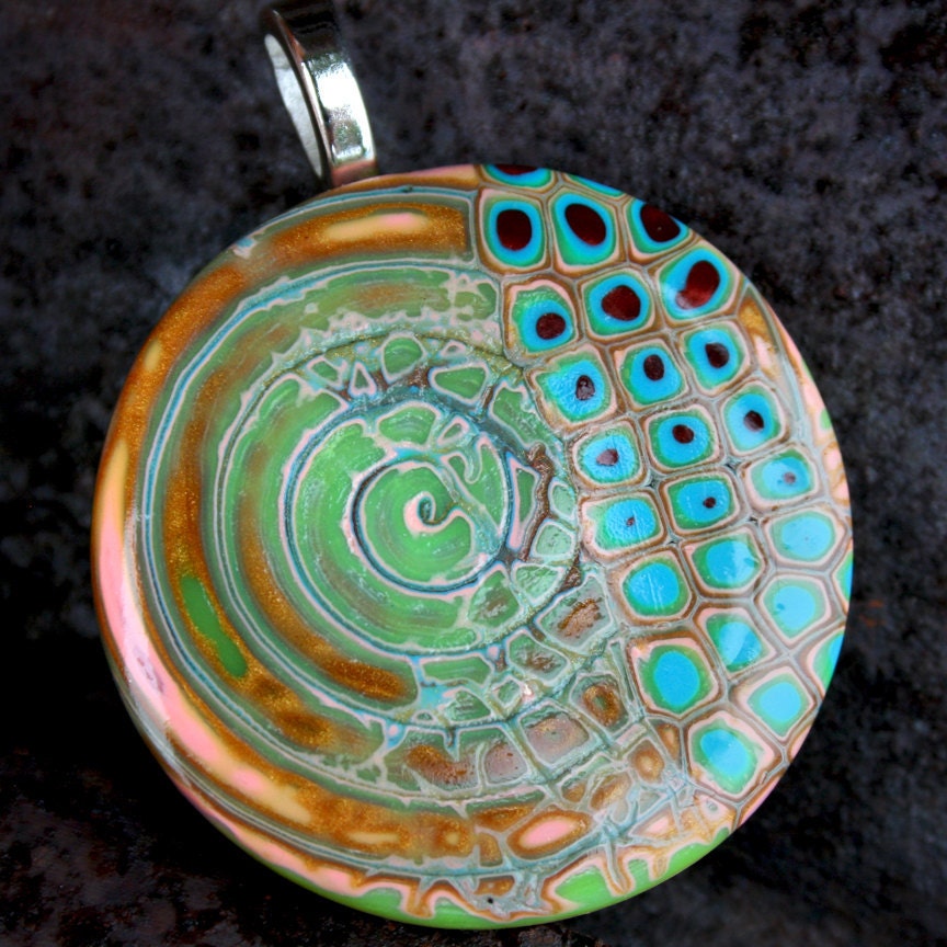 Retro Turquoise and Green Whirlpool Polymer Clay Pendant
