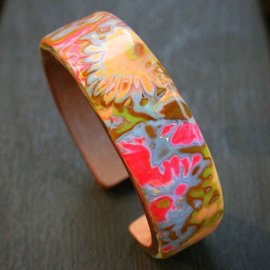 Tropical Flowers Flexible Cuff Summer Polymer Clay Jewelry