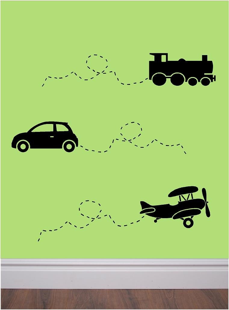 Set of 6 vinyl wall decals - transportation decals with trail- perfect for bedroom, nursery, play room