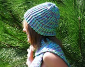 Bright Purple Green and Aqua Knitted Hat and Scarf