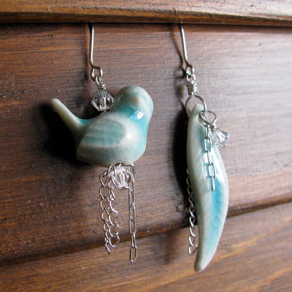 Porcelain Blue Bird and Leaf Earrings