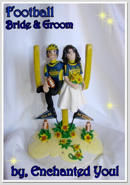 Football Bride and Groom Wedding Cake Topper Sports by, Enchanted You Personalized, Custom Polymer Clay