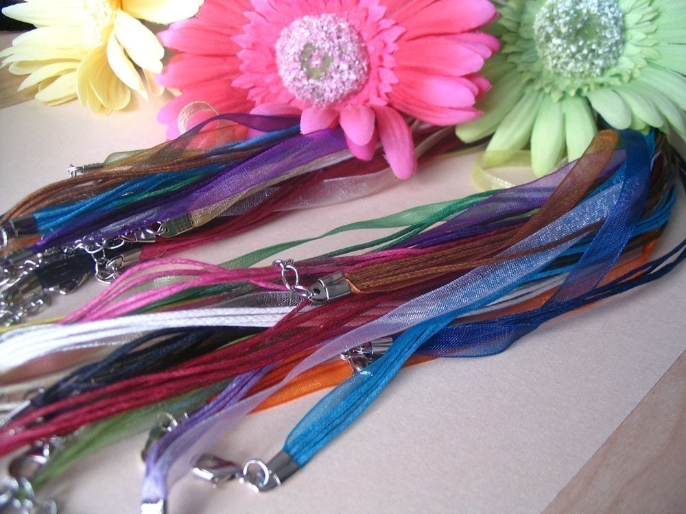 10 Beautiful Organza Ribbon Cord Necklaces. Great for Cabachons, Scrabble and Glass tile pendants