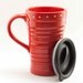 Ceramic travel mug with lid - red and white polka dots