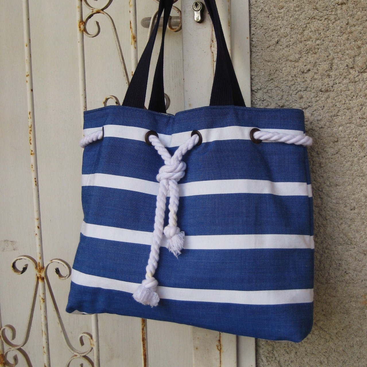 Sailor Tote Bag blue and white bold stripes, X-Large with cotton webbing straps