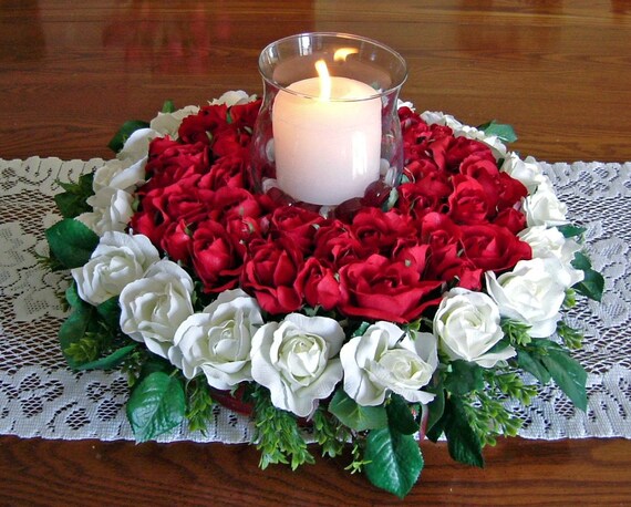 Candle Centerpiece With Red and White Roses