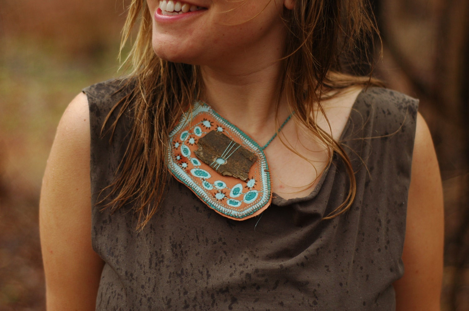Raindrops on the Sunset Necklace - fiber wood unique upcycled one of a kind blue aqua embroidered sycamore natural