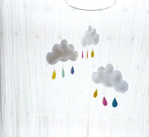 Cloud mobile for nursery... 3 clouds hang on a circle ring