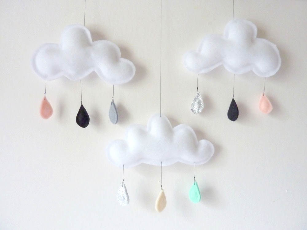 Rain Cloud Mobile Nursery Children Decor-Big Rain cloud mobile on branch-Neutral tones "I Love NY" by The Butter Flying.