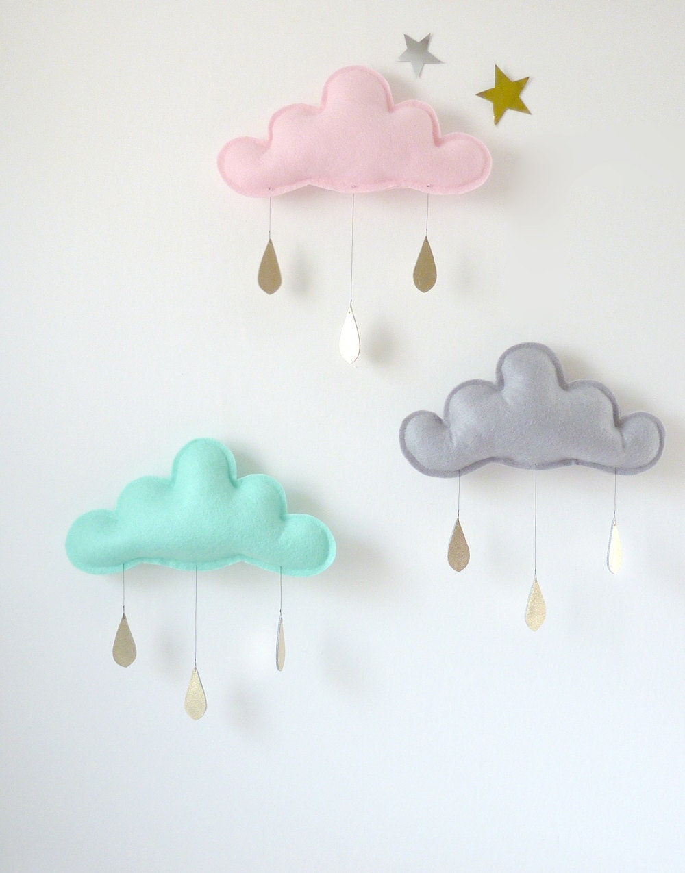 3 Rain Cloud Mobiles Nursery Children Decor- 3 Spring rain Cloud Mobiles for nursery by The Butter Flying
