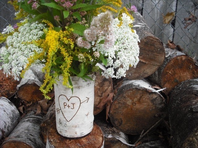 10 Birch bark covered glass vases, customized with your initials. Made in NH. For your woodland nature eco friendly wedding.