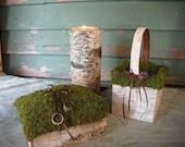 Moss and birch bark flower girl basket & ring bearer pillow, for a nature, woodland, rustic wedding.