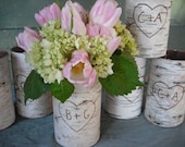 12 Birch bark covered glass vases. Personalized with a heart and your initials for your woodland, rustic, nature Wedding