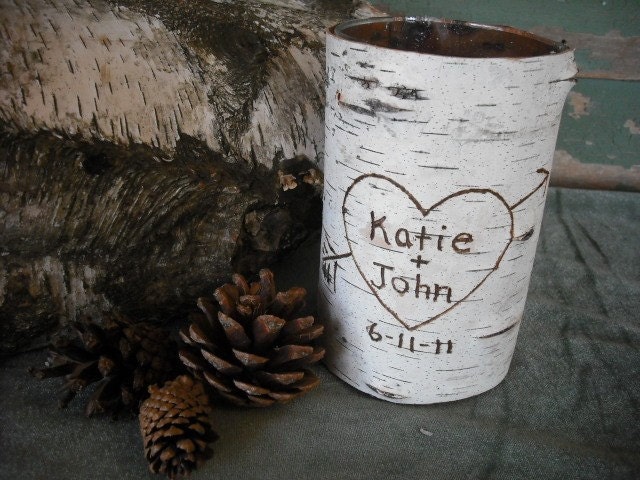 6" Birch bark covered glass vase.  Personalized with your names and date.  Nice wedding gift or for your woodland, rustic, nature Wedding