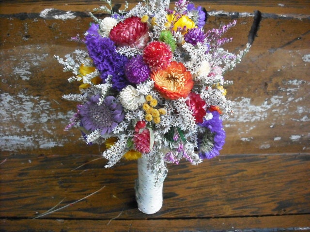 Stunning dried flower Bride's maid  bouquet with Birch holder. Made with a rainbow of all natural flowers.