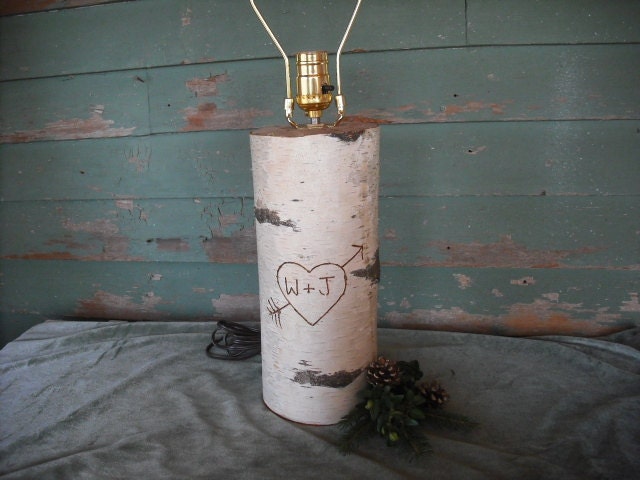 Set of 2 White Birch log table lamps, for a touch of the woods in your home. Engraved with a heart and initials.  Nice wedding gift.