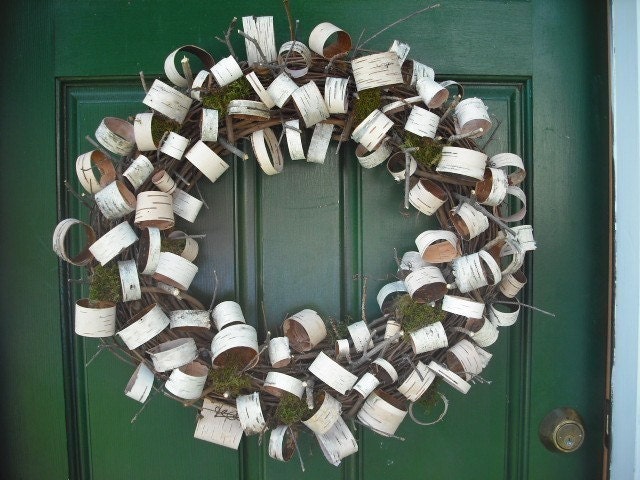 Large birch bark loop wreath with twigs and moss for your nature, woodland rustic home.