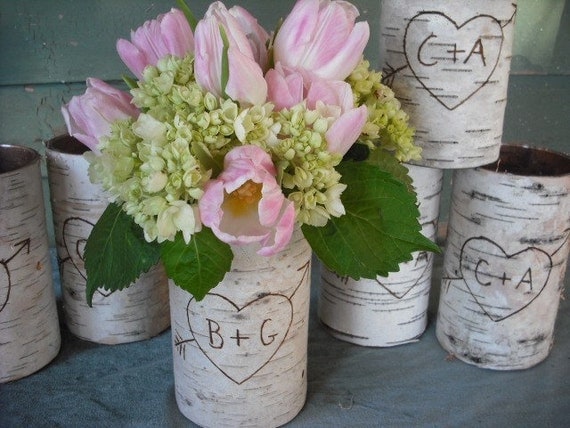 12 Birch bark covered glass vases. Personalized with a heart and your initials for your woodland, rustic, nature Wedding