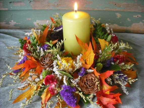 Set of 10 Dried flower candle ring or wreath centerpiece for your fall autumn nature themed wedding.