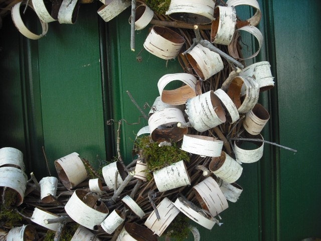 Large birch bark loop wreath with twigs and moss for your nature, woodland rustic home.