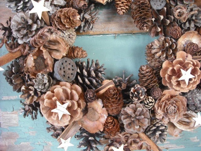 Pine Cone and Cinnamon Wreath with birch bark stars and spices