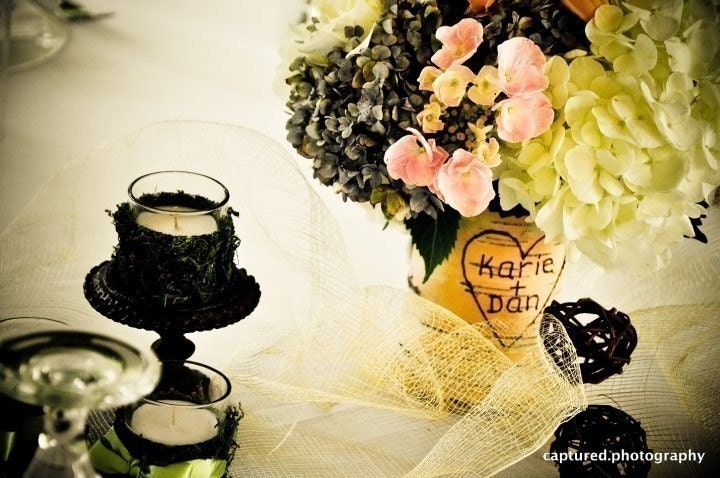 12 Birch bark covered glass vases. Personalized with a heart and your initials for your woodland, rustic, nature Wedding