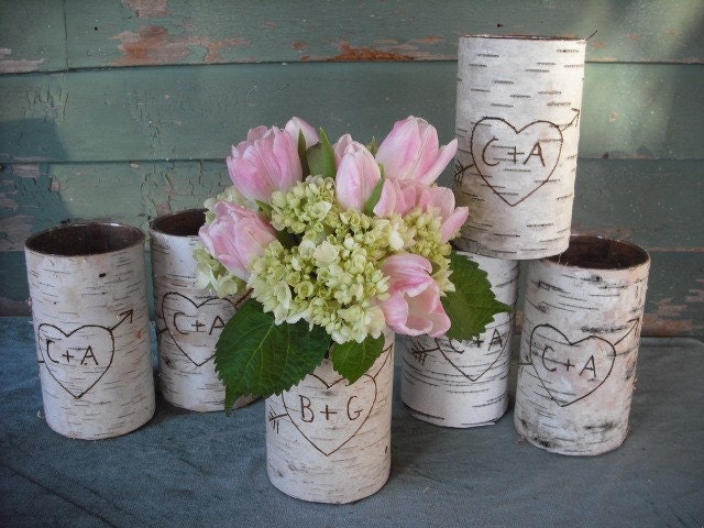 12 Birch bark covered glass vases. Personalized with a heart and your initials for your woodland, rustic, nature Wedding