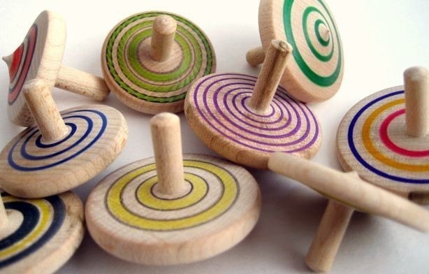 Hand Turned Wooden Top - Green and Yellow Stripes