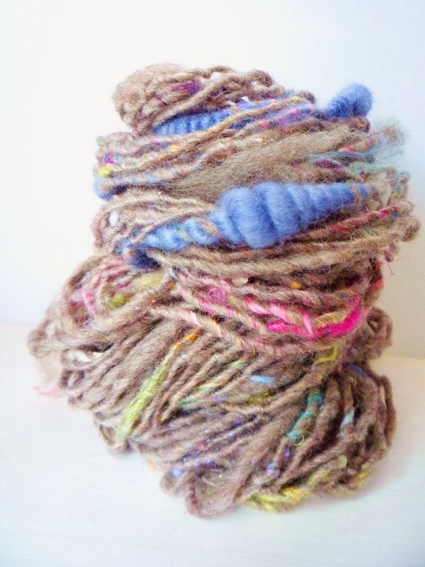Sale 1/2 Off Storybook Ukraina Hand Spun Yarn Brown with Multi Color Flecks 58 yds total 2.2 ozs total