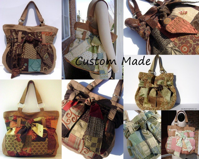 Fabric and Leather Patchwork Hobo Tote Handbag Purse With Tie Belt