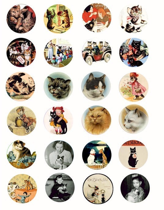 Vintage images of cats kittens Animal clip art people digital download collage sheet 1.5  INCH circles