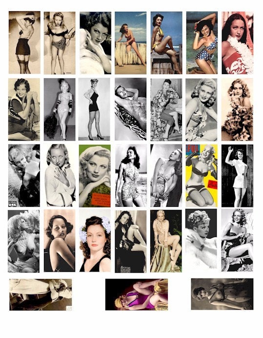 photos pictures of real Pin Up Girls vintage clip art collage sheet 1 x 2 inch domino tile size