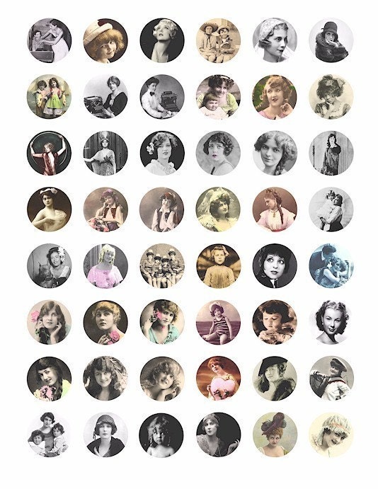Vintage photographs women children clip art  collage sheet 1 INCH circles